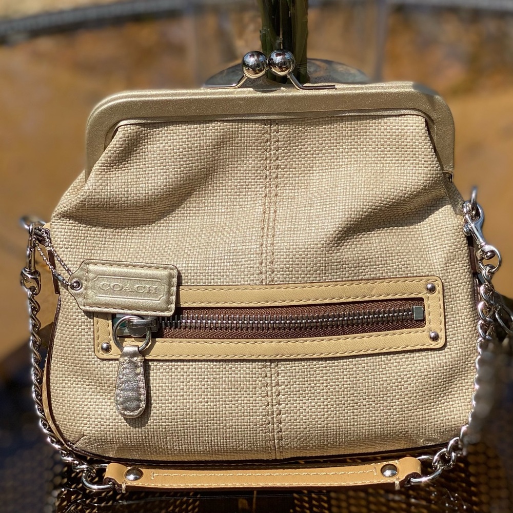 Coach Cream and Tan Clutch with Kiss-Lock Closure